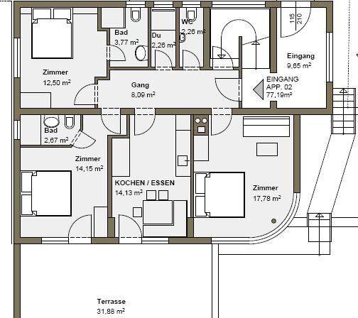 Grundriss von Appartement 02 mit drei Zimmern, zwei Bädern und großer Terrasse.