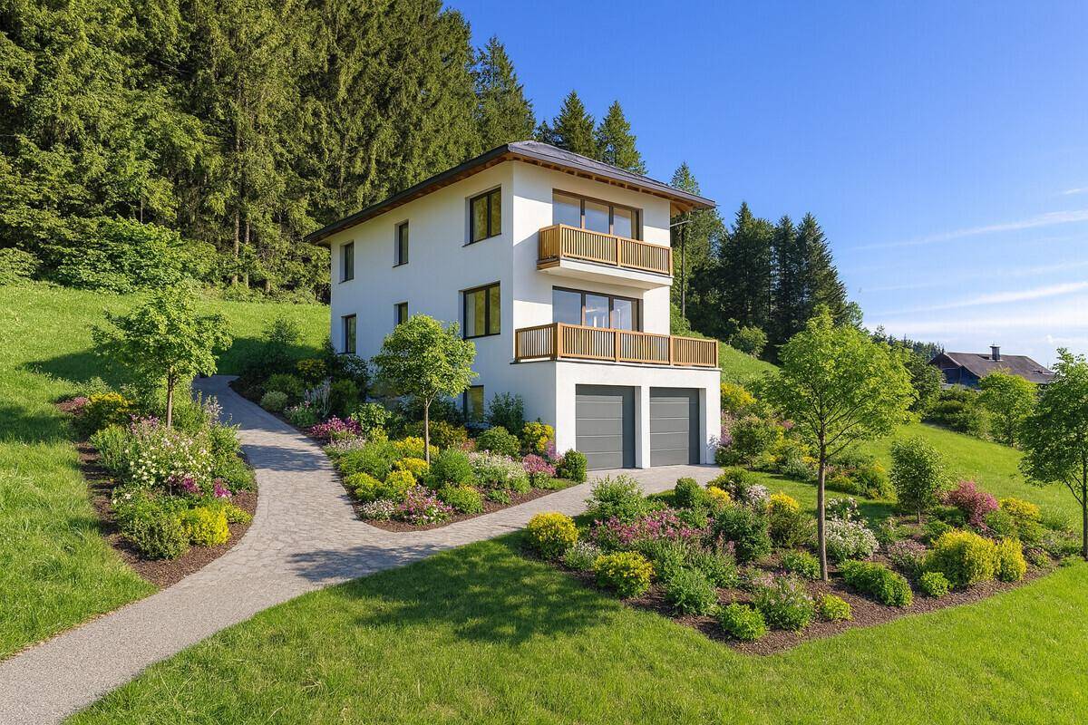 Modernes Haus mit weißer Fassade, Holzdetails, Balkonen und Doppelgarage in grüner Hanglage.