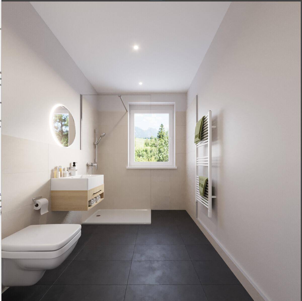 Modernes Badezimmer mit ebenerdiger Dusche, wandhängendem WC und Fenster mit Grünblick.