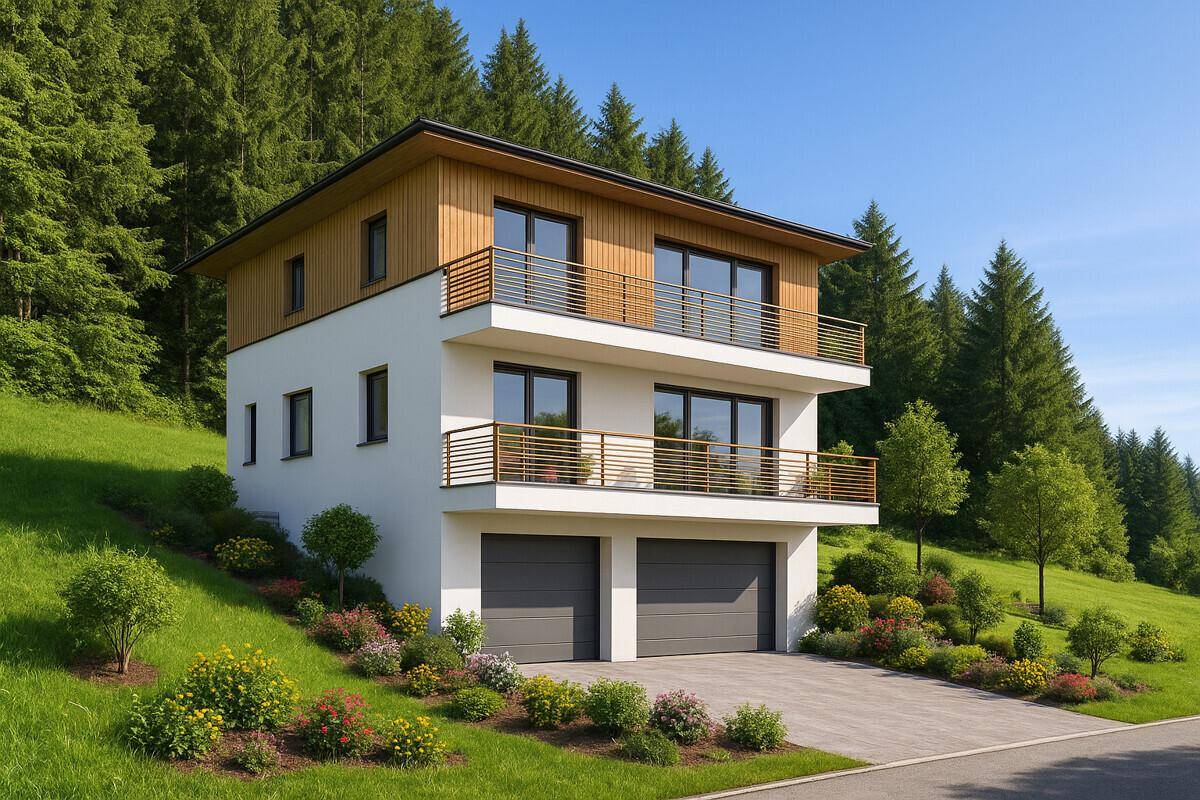 Modernes Wohnhaus mit Holzverkleidung, Balkonen und Doppelgarage, eingebettet in eine grüne Landschaft.