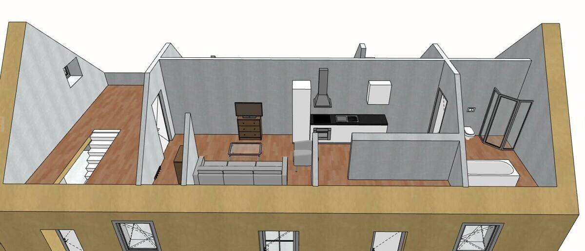 3D-Grundriss des Erdgeschosses mit Küche, Wohnbereich und Badezimmer, offen gestaltet.
