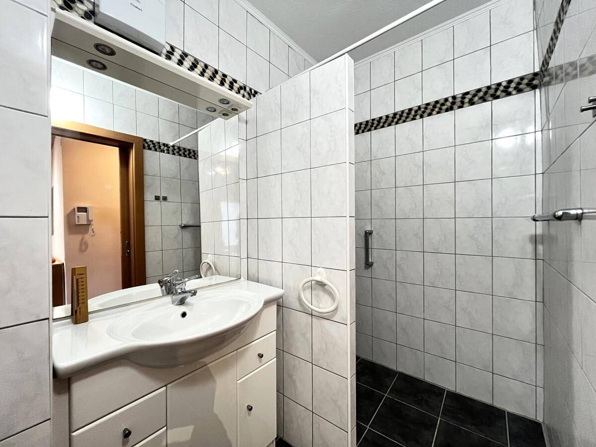 Gefliestes Badezimmer mit Duschbereich, Einzelwaschbecken und praktischen Haltegriffen.