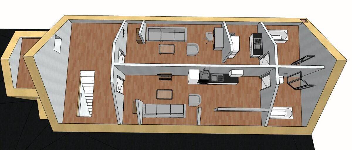 3D-Grundriss des Obergeschosses mit offener Raumaufteilung, Möbeln und Badezimmern.