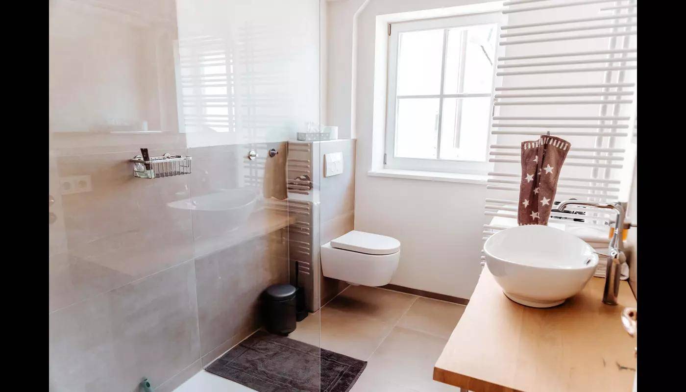 Modernes Badezimmer mit begehbarer Dusche, Waschbecken und Fenster.