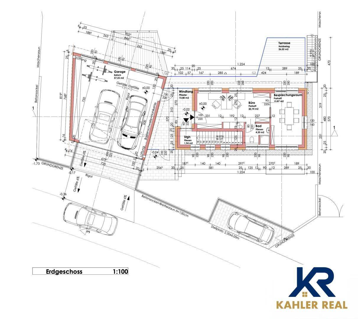 Grundriss des Erdgeschosses mit Garage, Büro und großzügigem Wohnbereich.