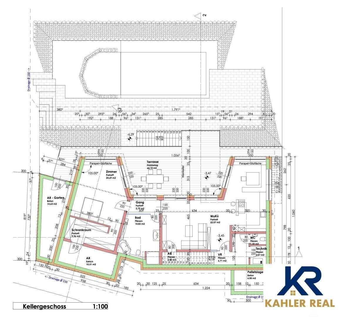 Grundriss des Kellergeschosses mit Zimmern, Bad, WC und Technikraum.