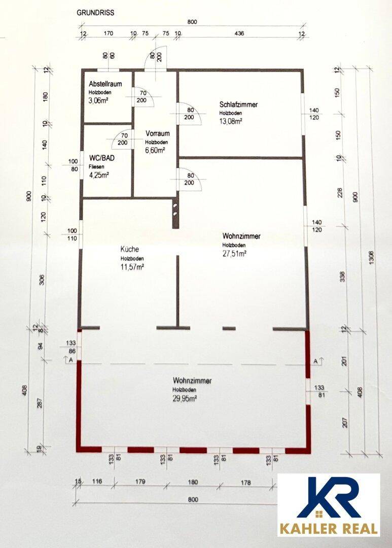 Grundriss des Erdgeschosses mit Wohnzimmer, Schlafzimmer, Küche und Bad.