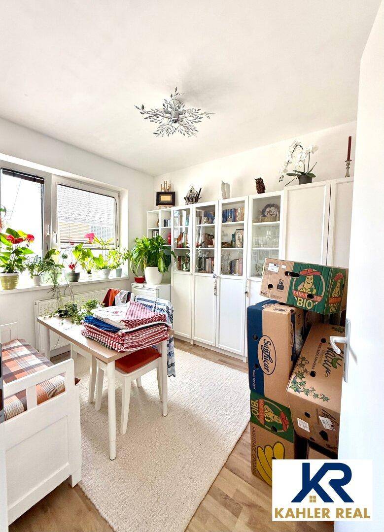 Heller Raum mit Esstisch, Bücherregalen und vielen Pflanzen am Fenster, vielseitig nutzbar.