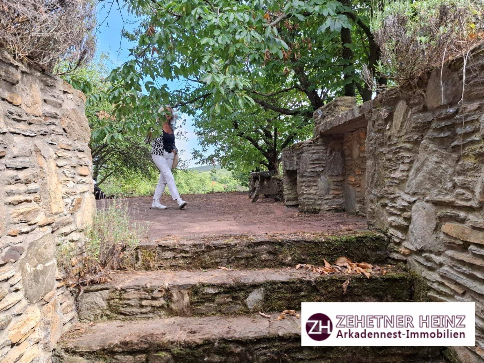 Steintreppe führt zu einem erhöhten Außenbereich mit Steinmauern und Bäumen im Hintergrund.