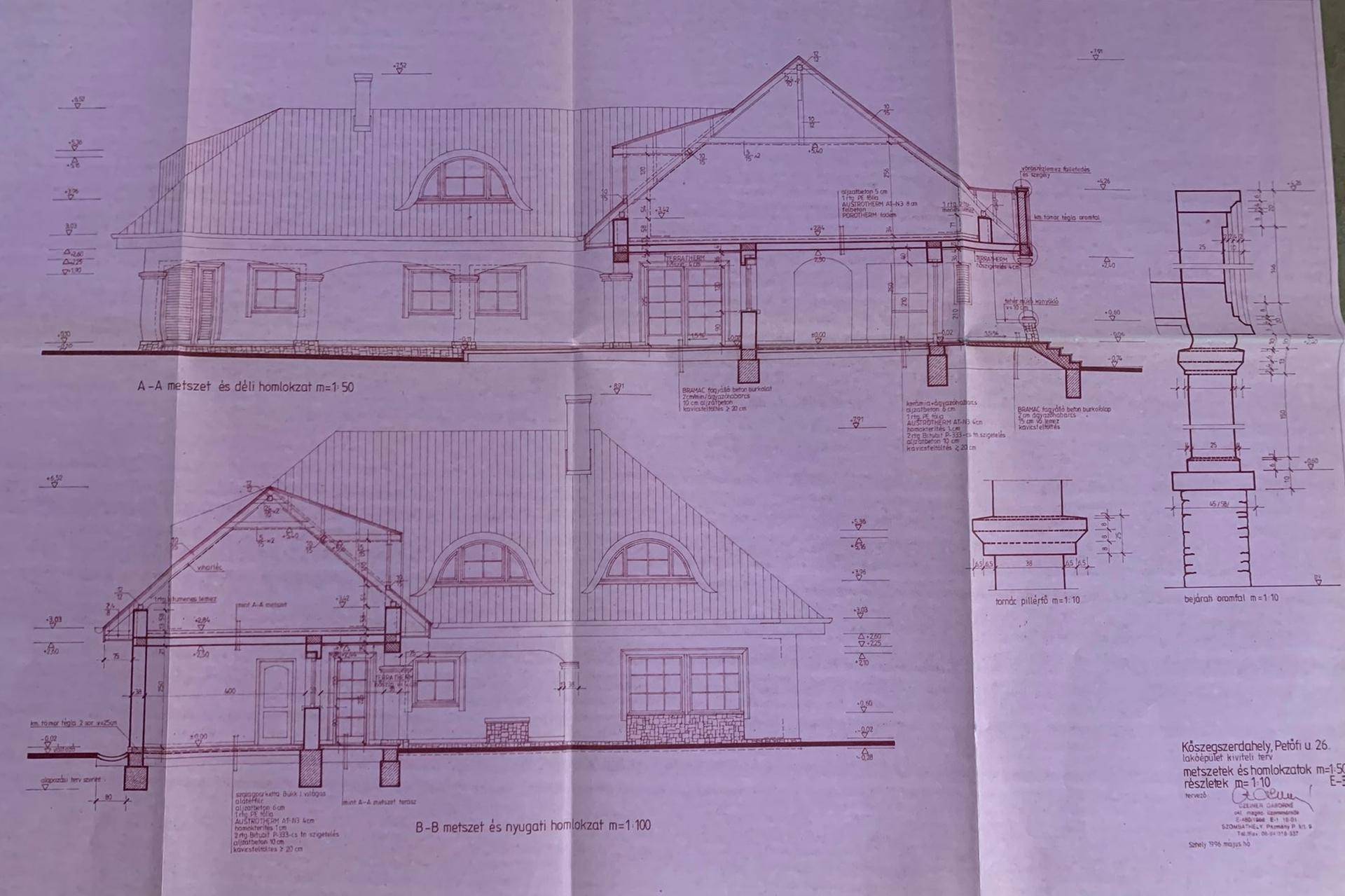 Schnittzeichnungen und Detailansichten der Gebäudestruktur und Säulen.