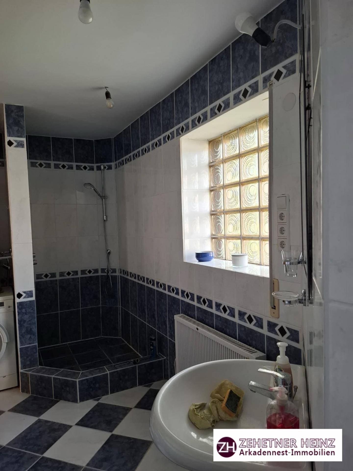 Badezimmer mit Duschbereich, Waschbecken und Glasbausteinfenster.