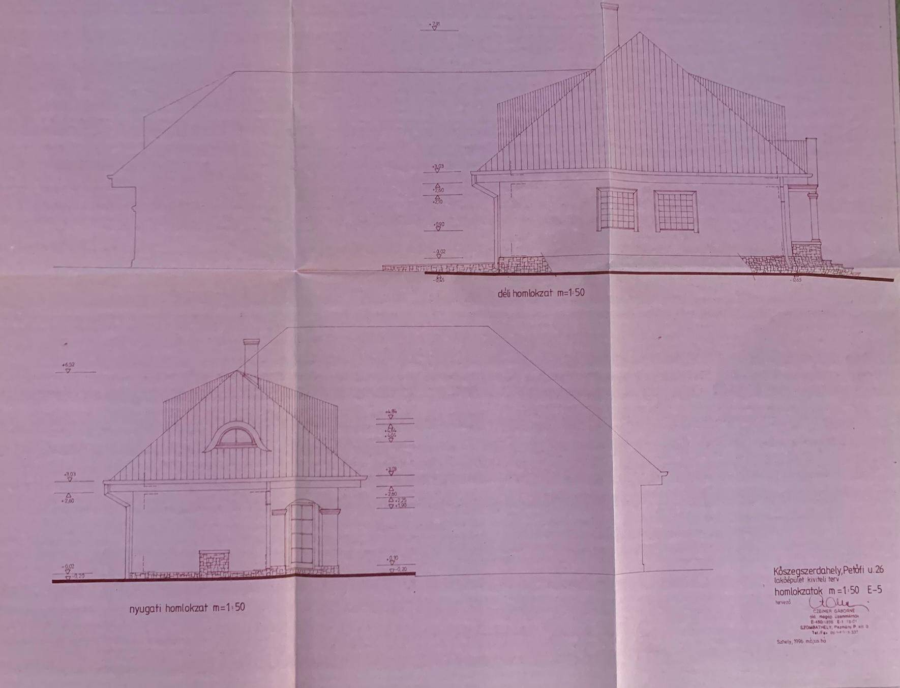 Architektonische Zeichnung der Hausansichten von Süd und West.