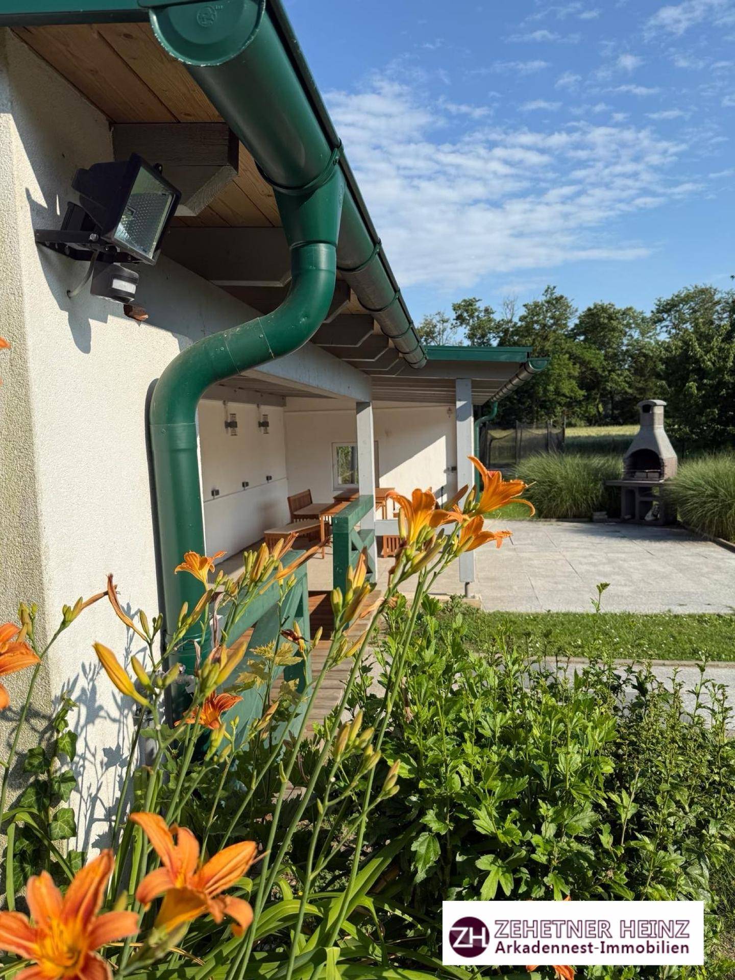 Blühende Blumen im Vorgrund mit Blick auf die überdachte Terrasse und den Grillplatz.