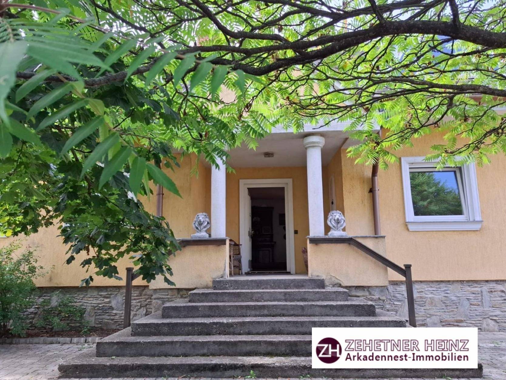 Haupteingang des Hauses mit Steintreppe und Säulen unter einem großen Baum.