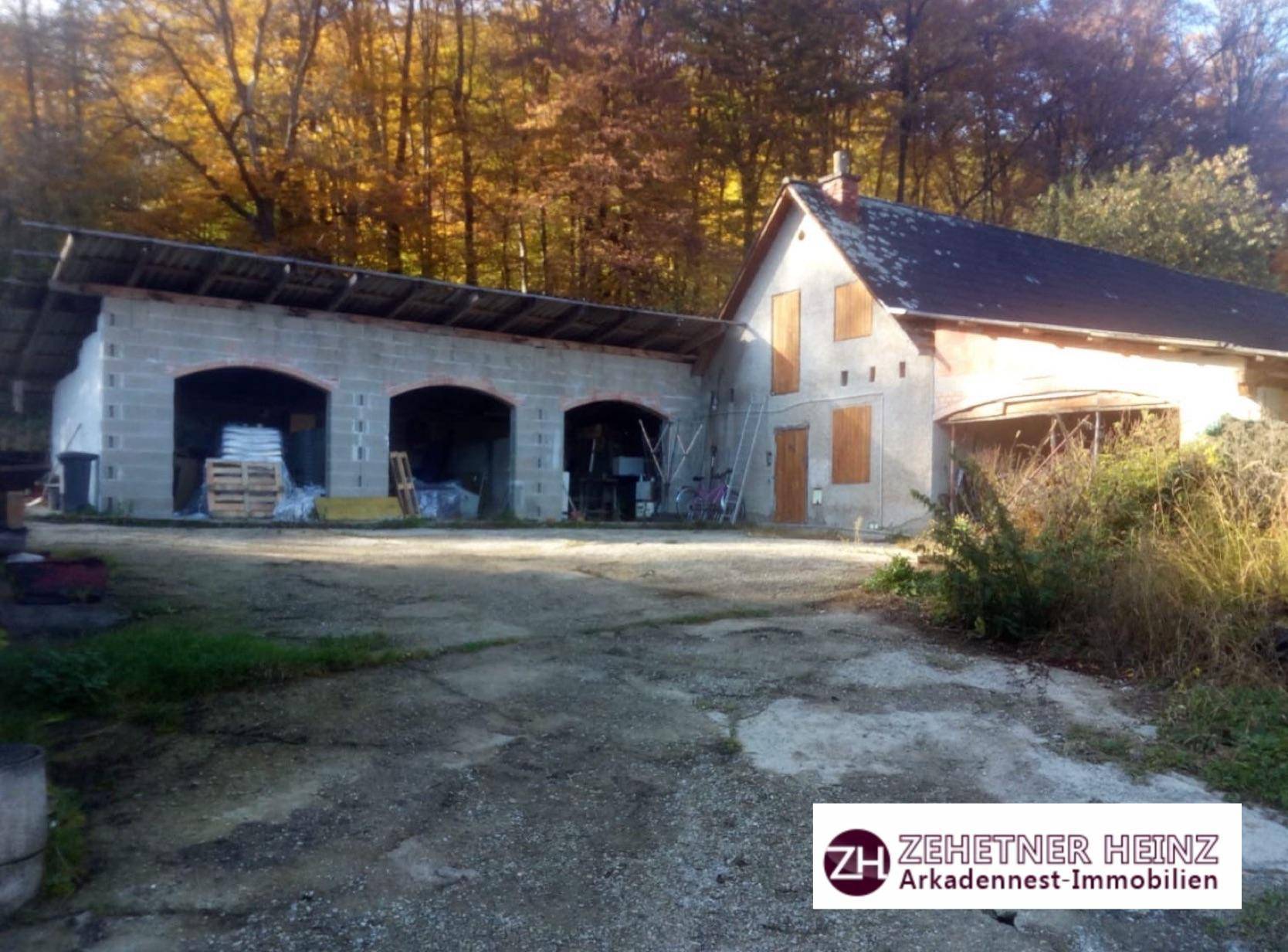 Ländliches Anwesen mit Wohnhaus und Nebengebäude in herbstlicher Umgebung, umgeben von Bäumen mit bunten Blättern.