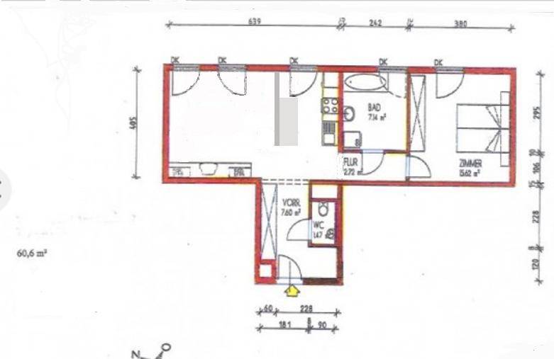 Grundriss einer 60,6 m² Wohnung mit separatem WC, Bad und einem Schlafzimmer.