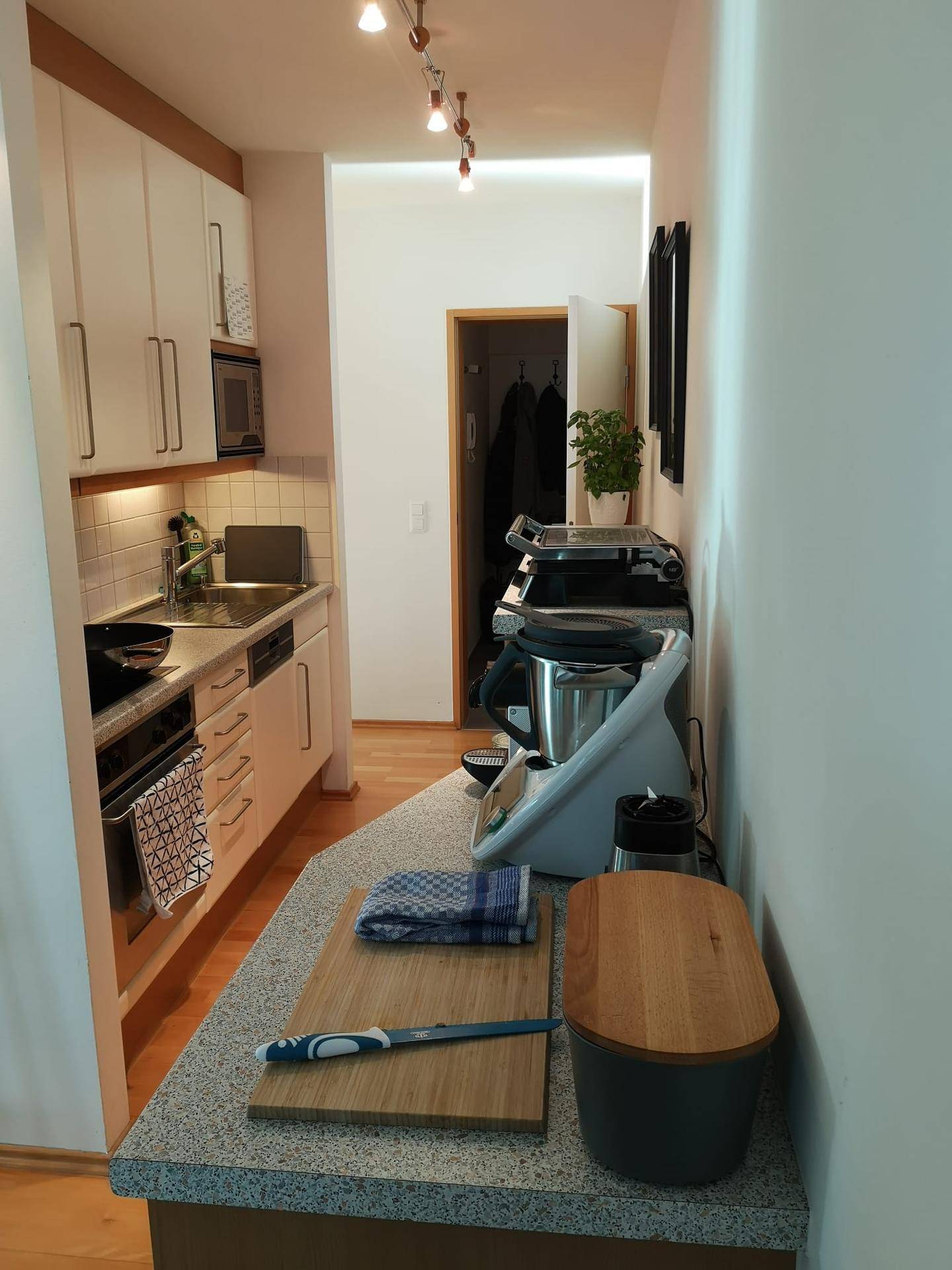 Schmale Küche mit weißen Einbauschränken, modernen Geräten und einer Arbeitsplatte aus Granit.