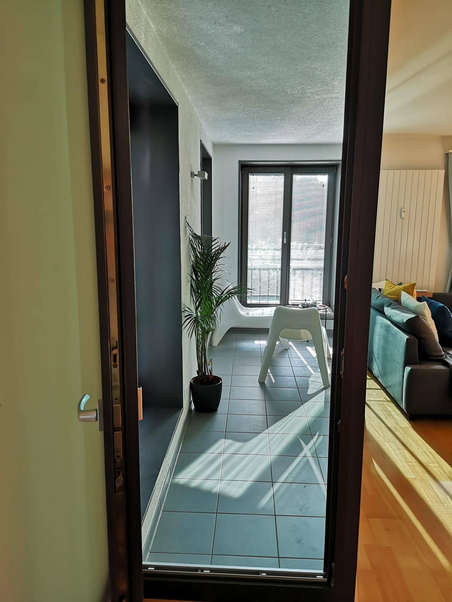 Helle Loggia mit Fliesenboden und einer Pflanze, die zum Wohnbereich hin offen ist.