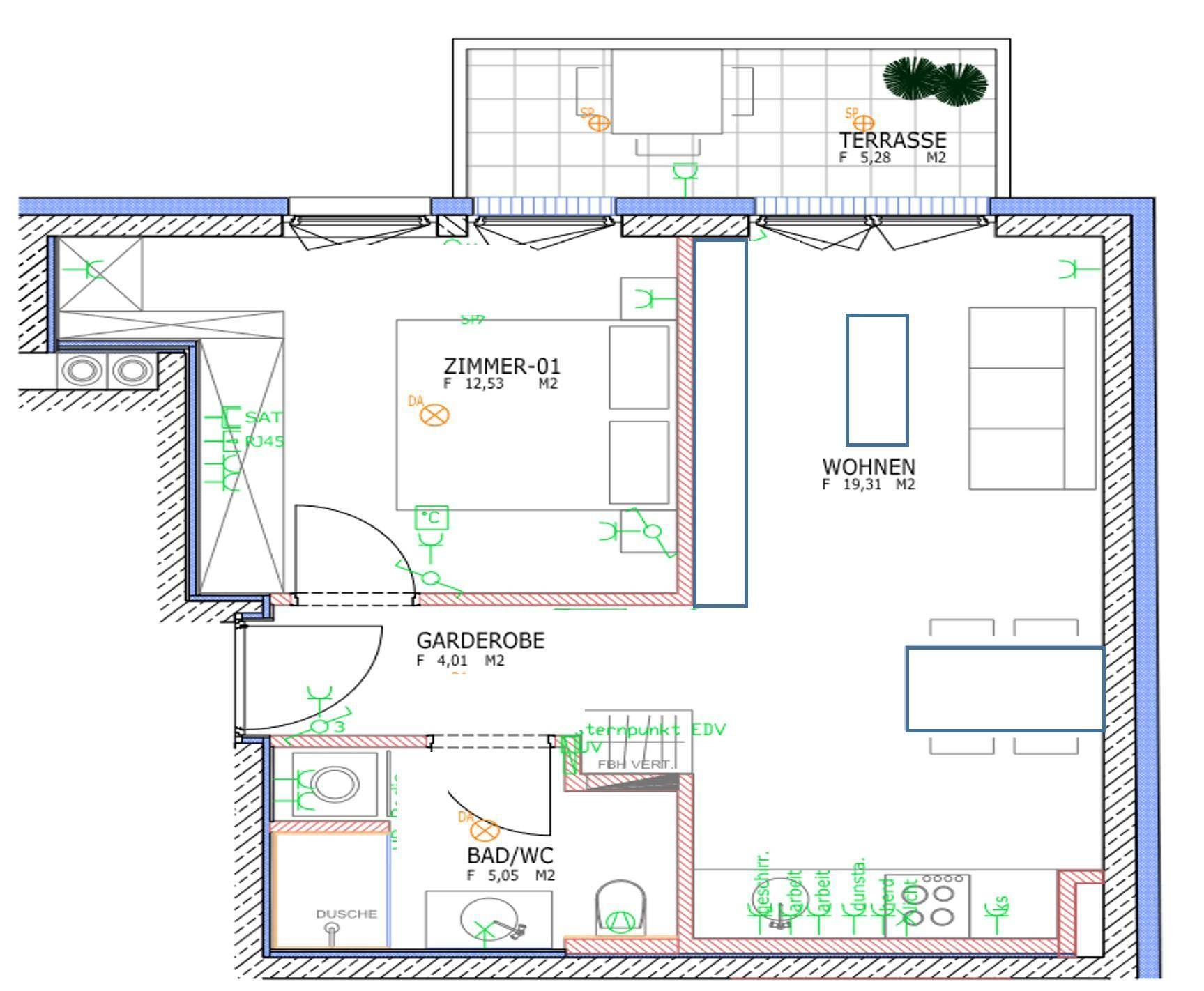 Grundrissplan mit Terrasse, Wohnbereich, Schlafzimmer und Badezimmer.