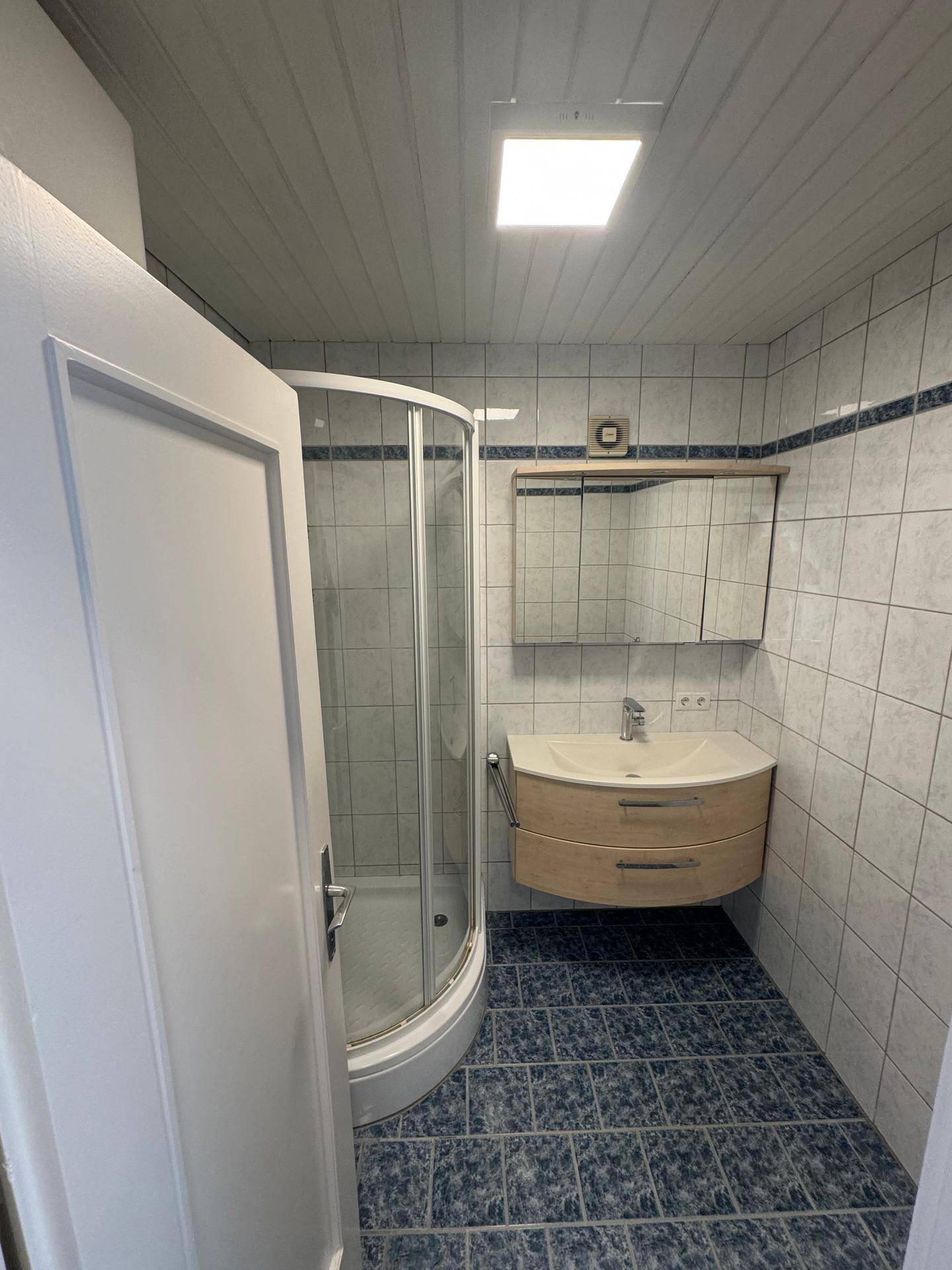 Funktionales Badezimmer mit Duschkabine, Waschbecken und blauen Fliesen, in gutem Zustand.