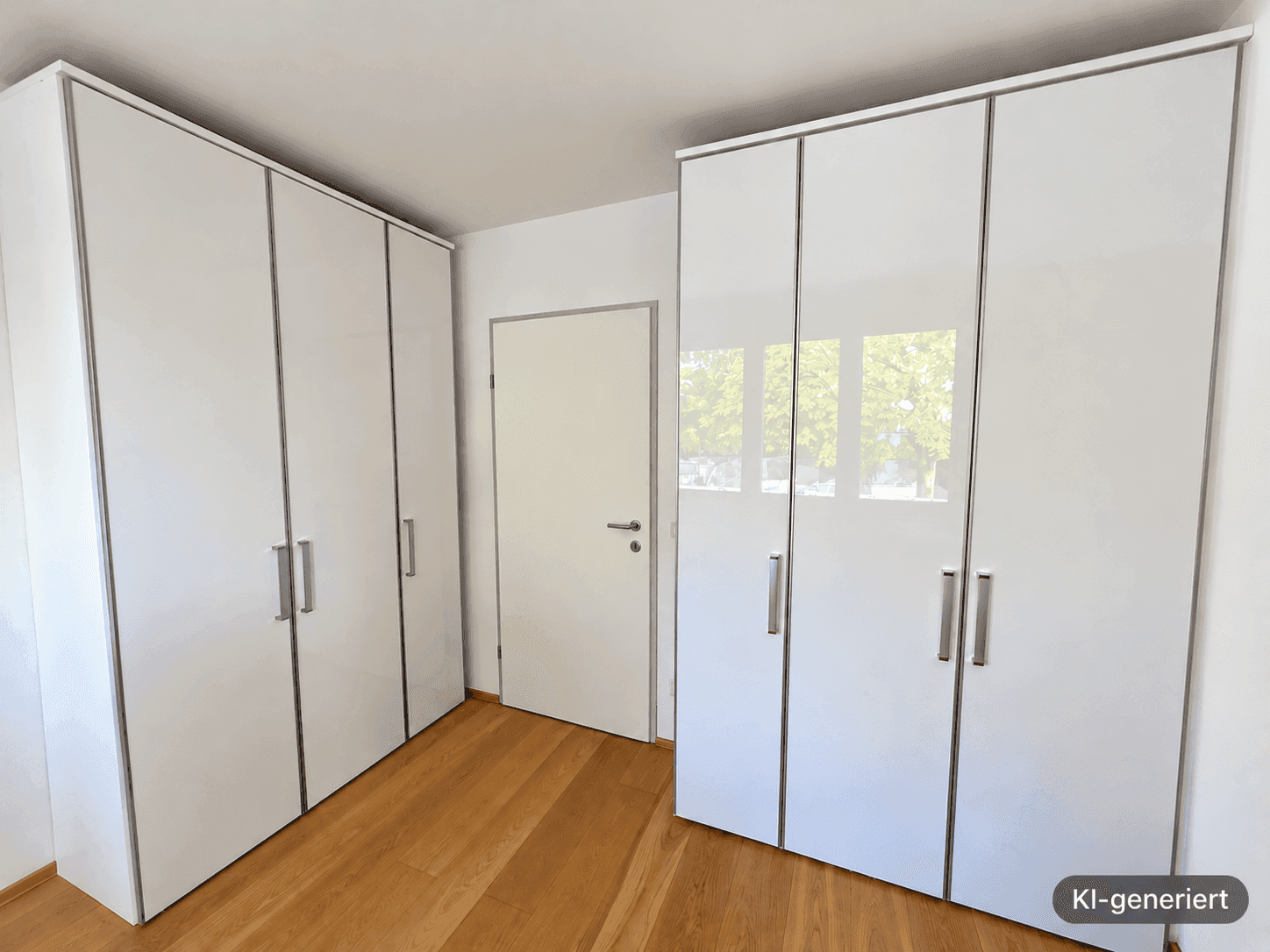 Schlafzimmer mit glänzenden weißen Einbauschränken und hellem Holzboden.