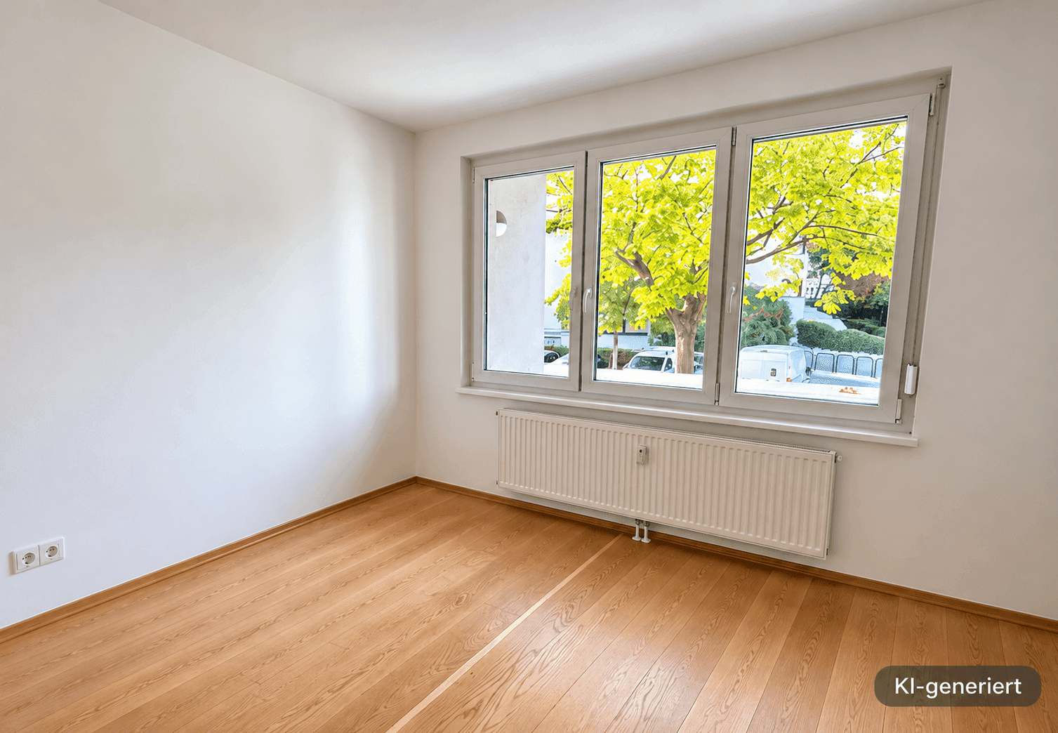 Helles Zimmer mit Holzboden, großen Fenstern und Blick ins Grüne.