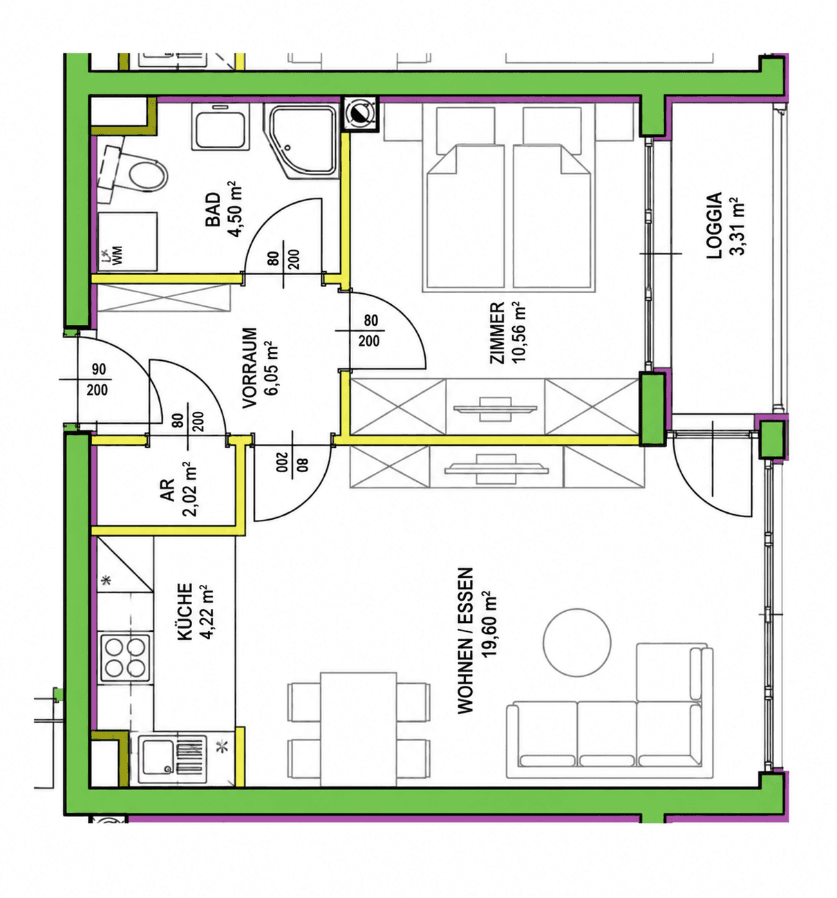 Grundriss einer Wohnung mit Wohn-/Essbereich, Küche, Bad, Zimmer und Loggia.