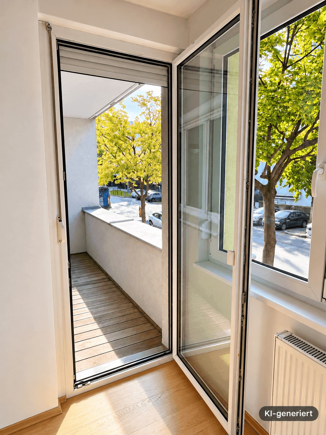 Sonniger Balkon mit Holzboden und Blick auf grüne Bäume und die Straße.