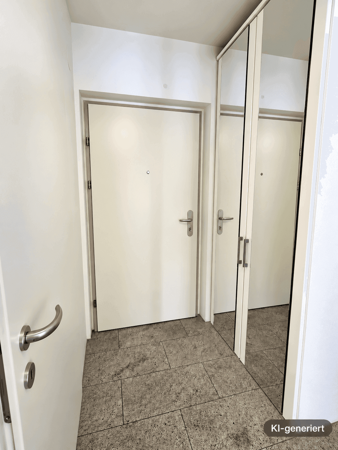 Heller Flur mit Fliesenboden und einem großen Spiegelschrank.
