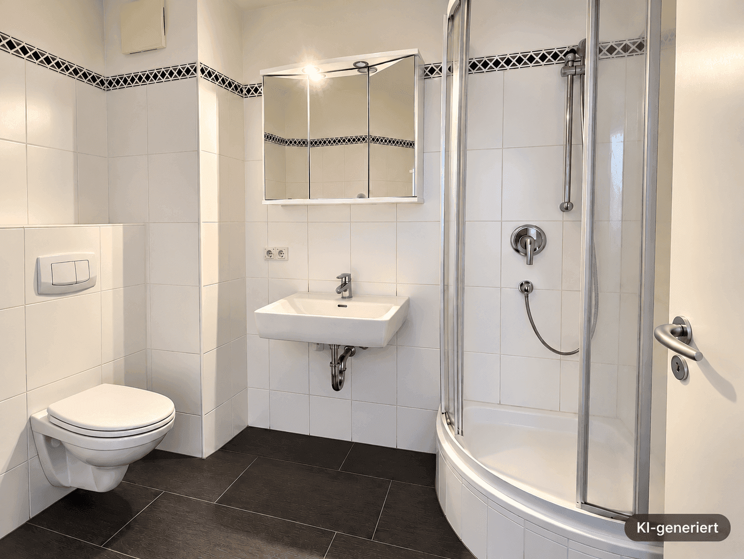 Gefliestes Badezimmer mit Dusche, WC und Waschbecken in klassischem Design.