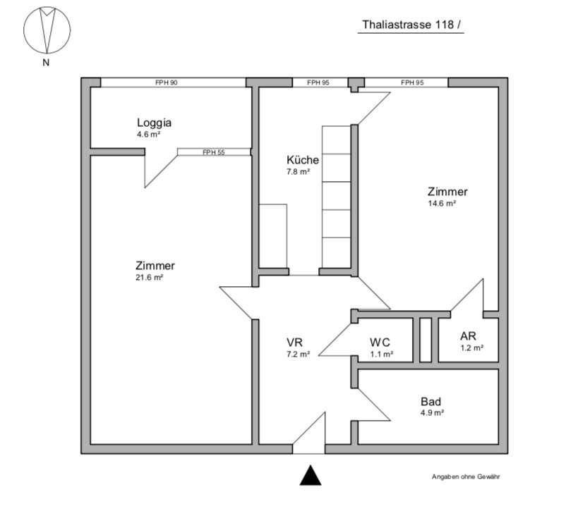 Grundriss der Wohnung mit Zimmern, Loggia, Küche, Bad und WC, inklusive Flächenangaben.