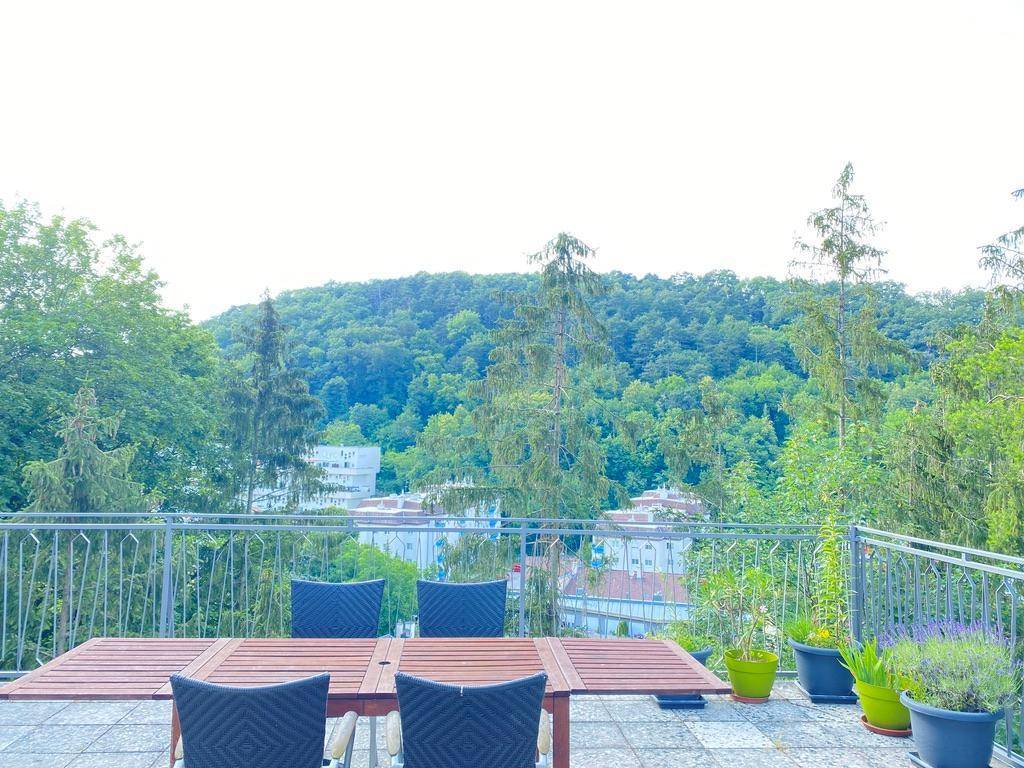 Geräumige Terrasse mit Gartenmöbeln und einem beeindruckenden Panoramablick auf die umliegende Natur.
