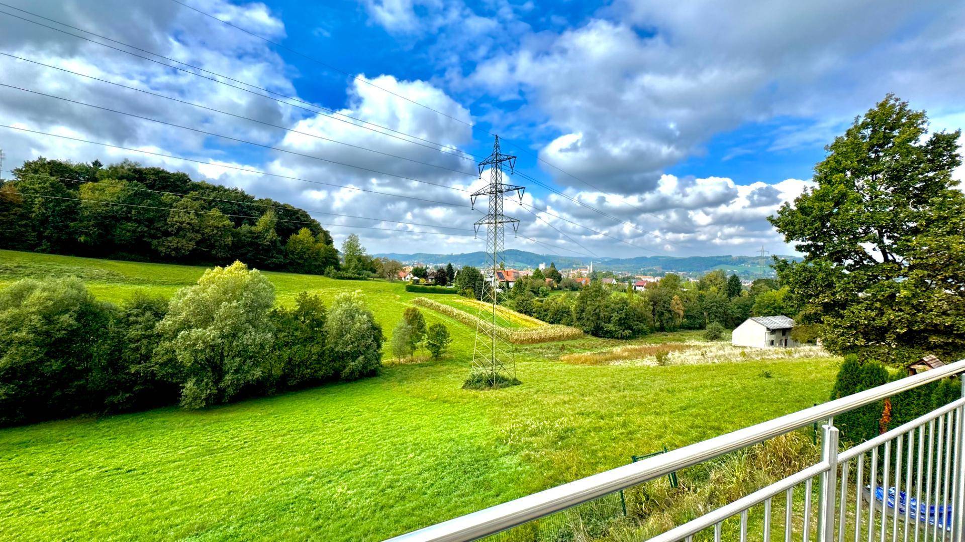 Panoramablick über grüne Landschaft, Strommasten und eine entfernte Ortschaft.