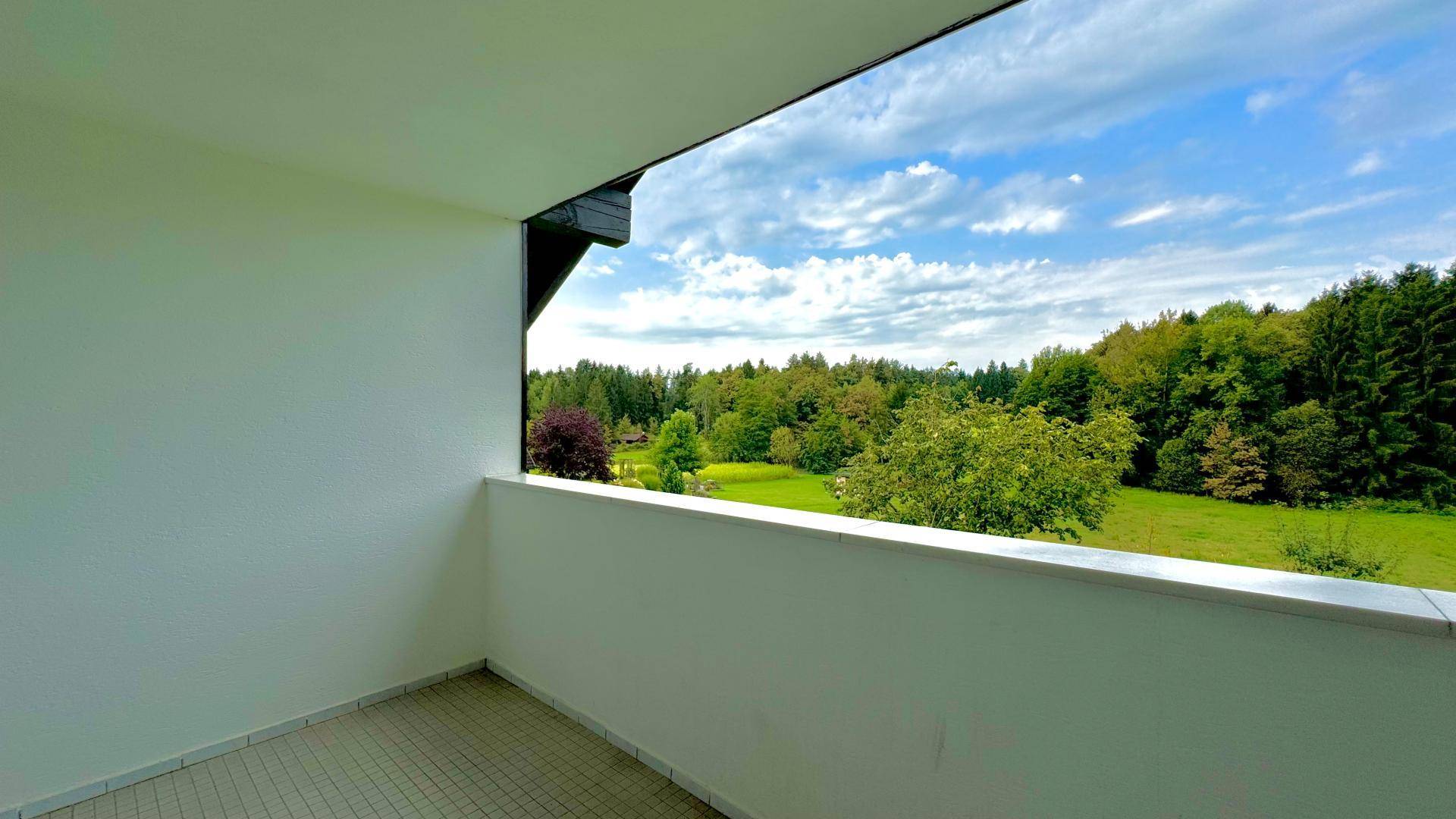 Balkon mit weitem Blick über grüne Wiesen und dichte Wälder unter blauem Himmel.