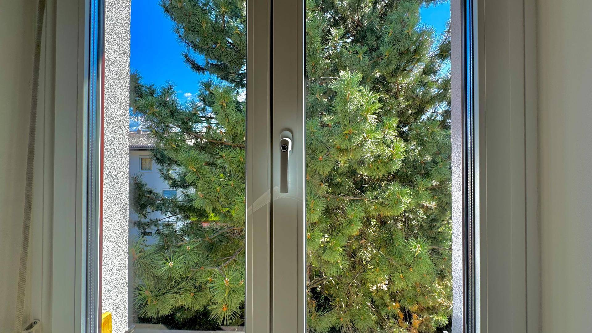 Fenster mit Blick auf grüne Bäume und blauen Himmel, sorgt für natürliches Licht.