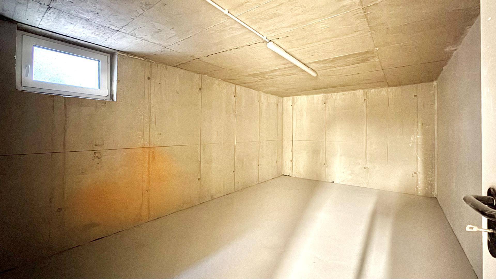 Geräumiger Kellerraum mit Betonwänden und kleinem Fenster, ideal als Abstellraum.