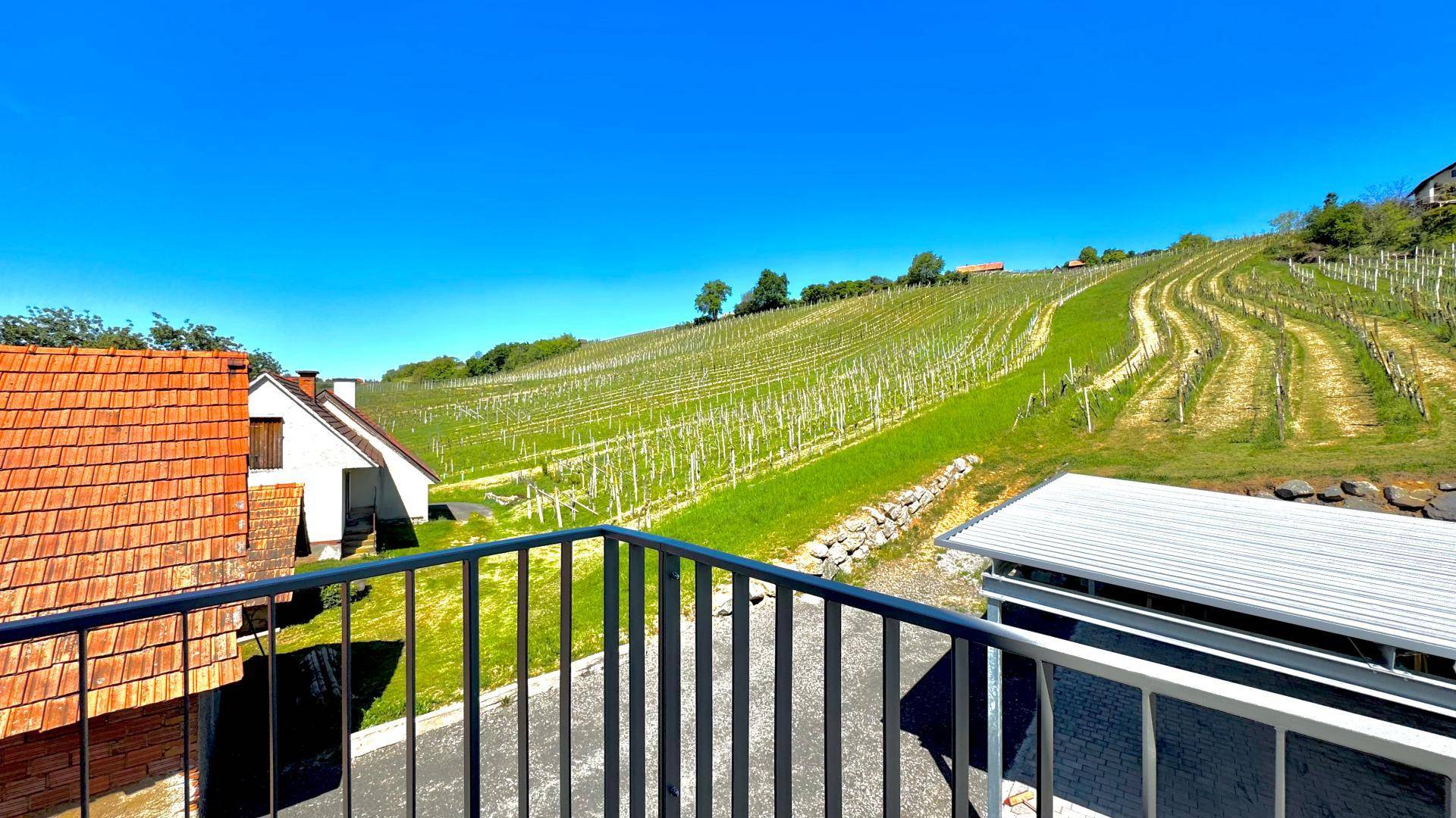 Panoramablick vom Balkon auf die sanften Hügel der Weinberge und benachbarte Häuser.