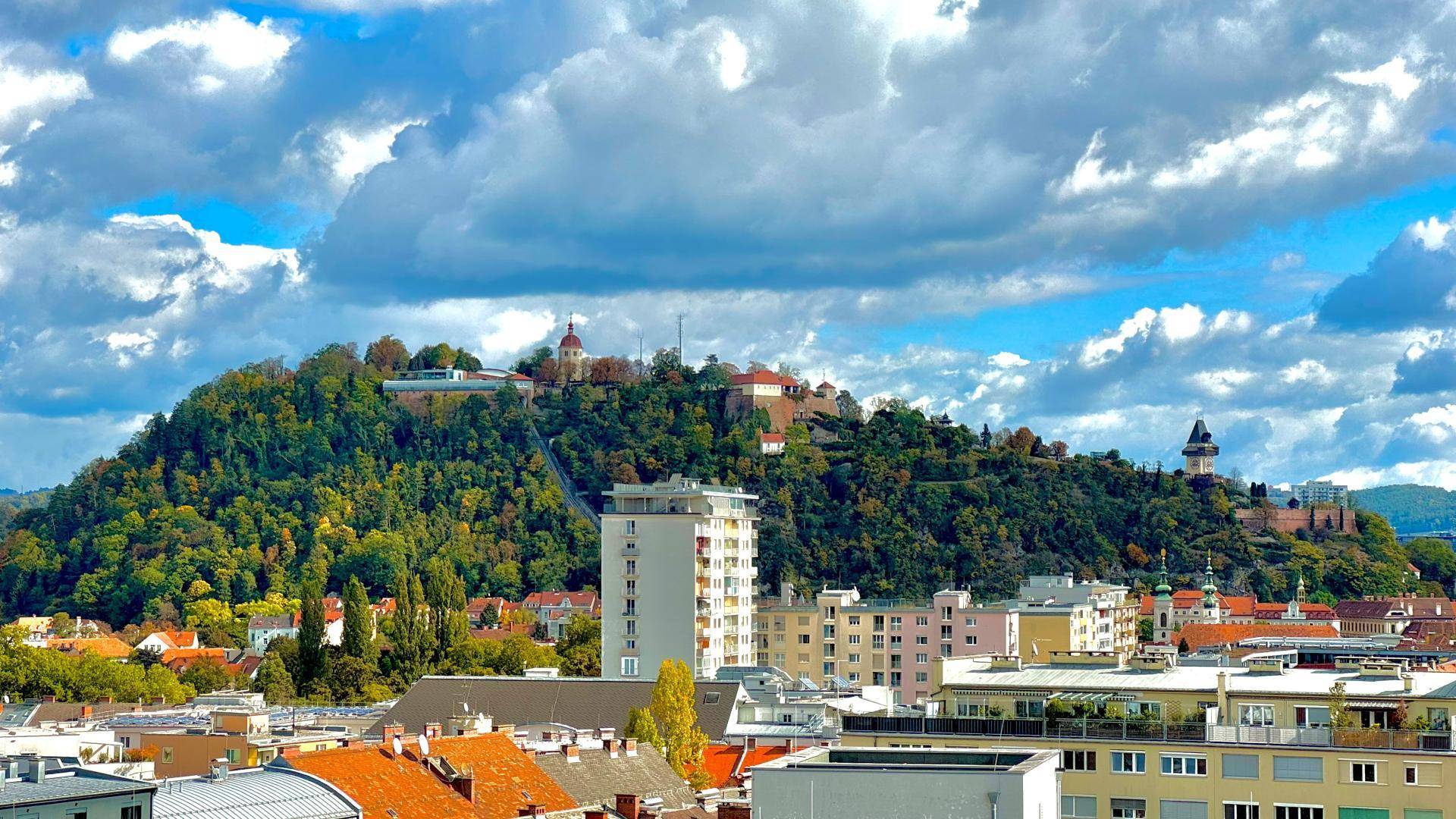Panoramablick auf die Stadt mit dem bewaldeten Schlossberg und historischen Gebäuden im Vordergrund.