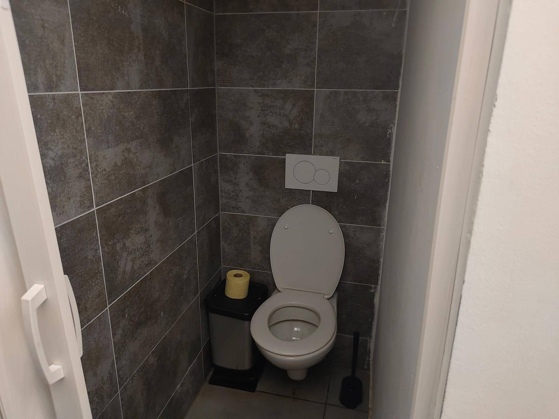 Separate Toilette mit wandmontiertem WC und dunklen Fliesen an den Wänden.