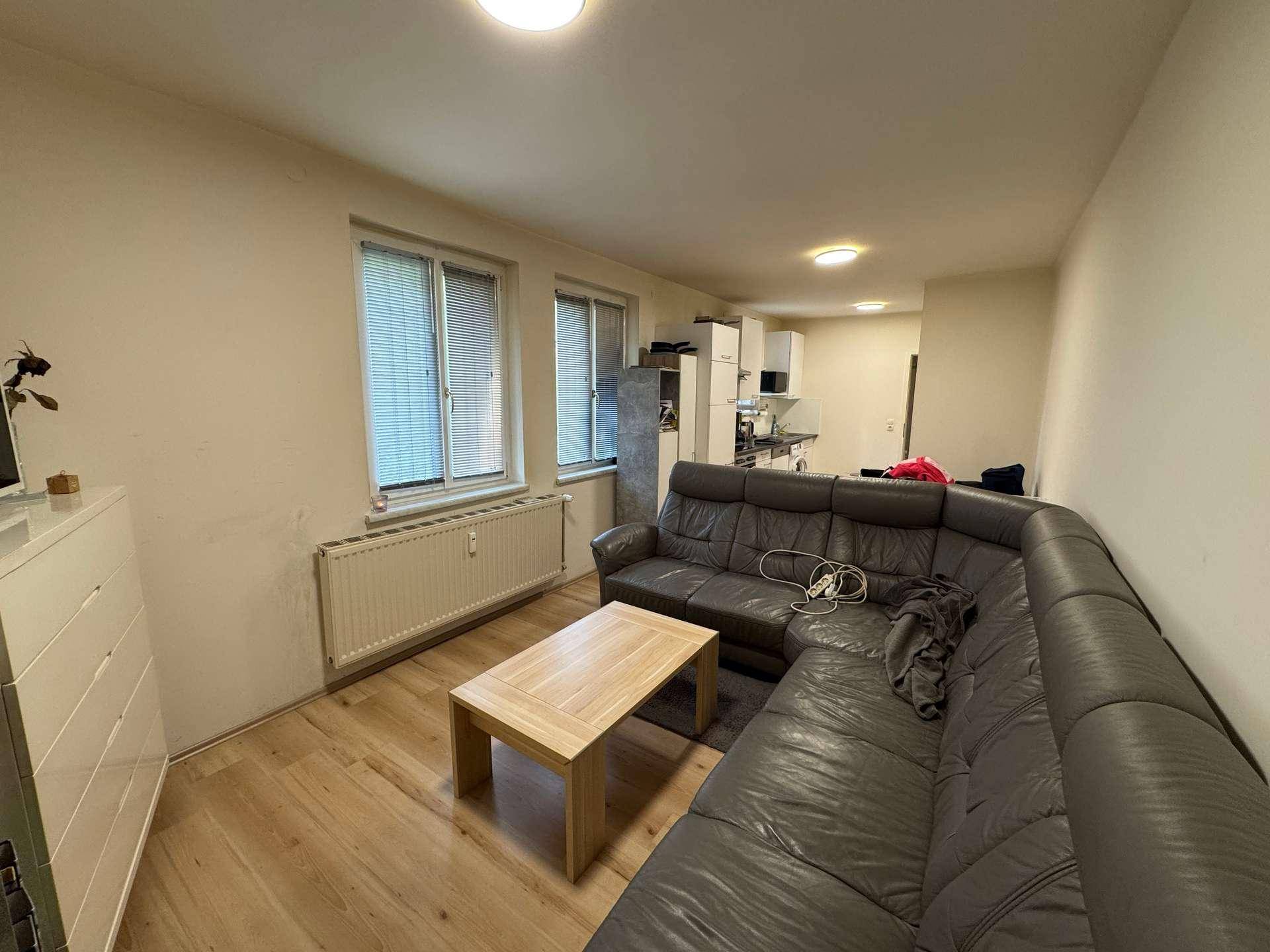 Gemütlicher Wohnbereich mit Ledersofa, Couchtisch und integrierter Küchenzeile.