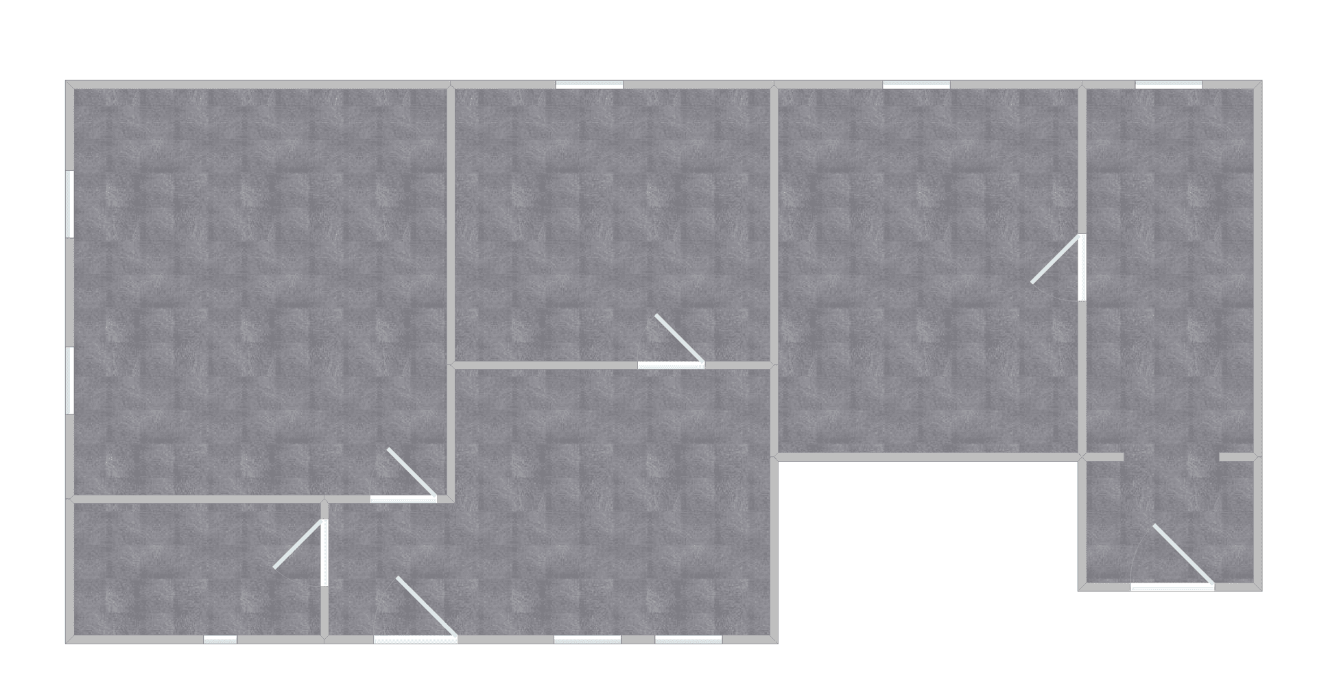 Einfacher Grundriss mit mehreren Räumen und Fensteröffnungen.