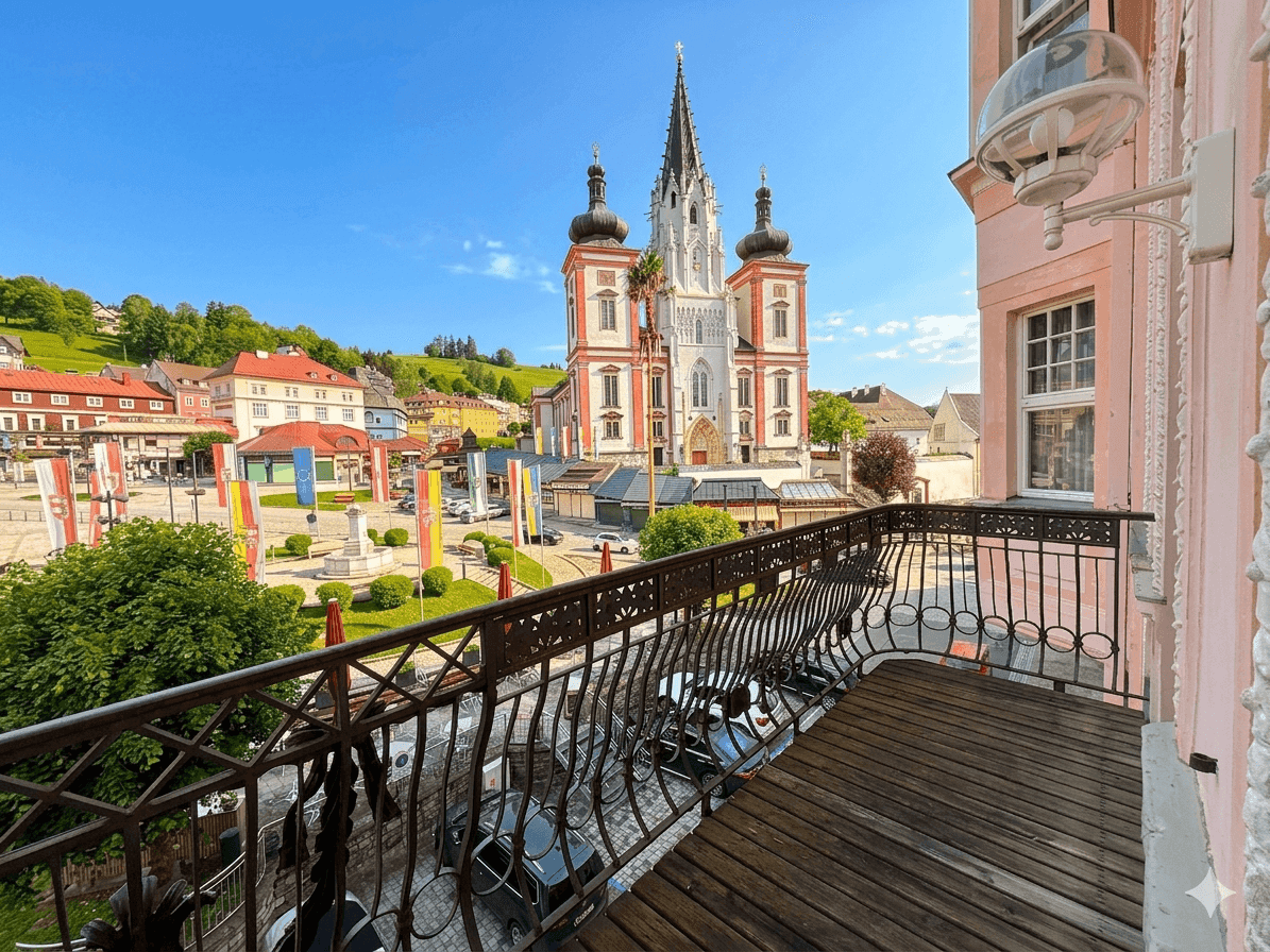 Balkon mit schmiedeeisernem Geländer und malerischem Blick auf den Stadtplatz und die Basilika.