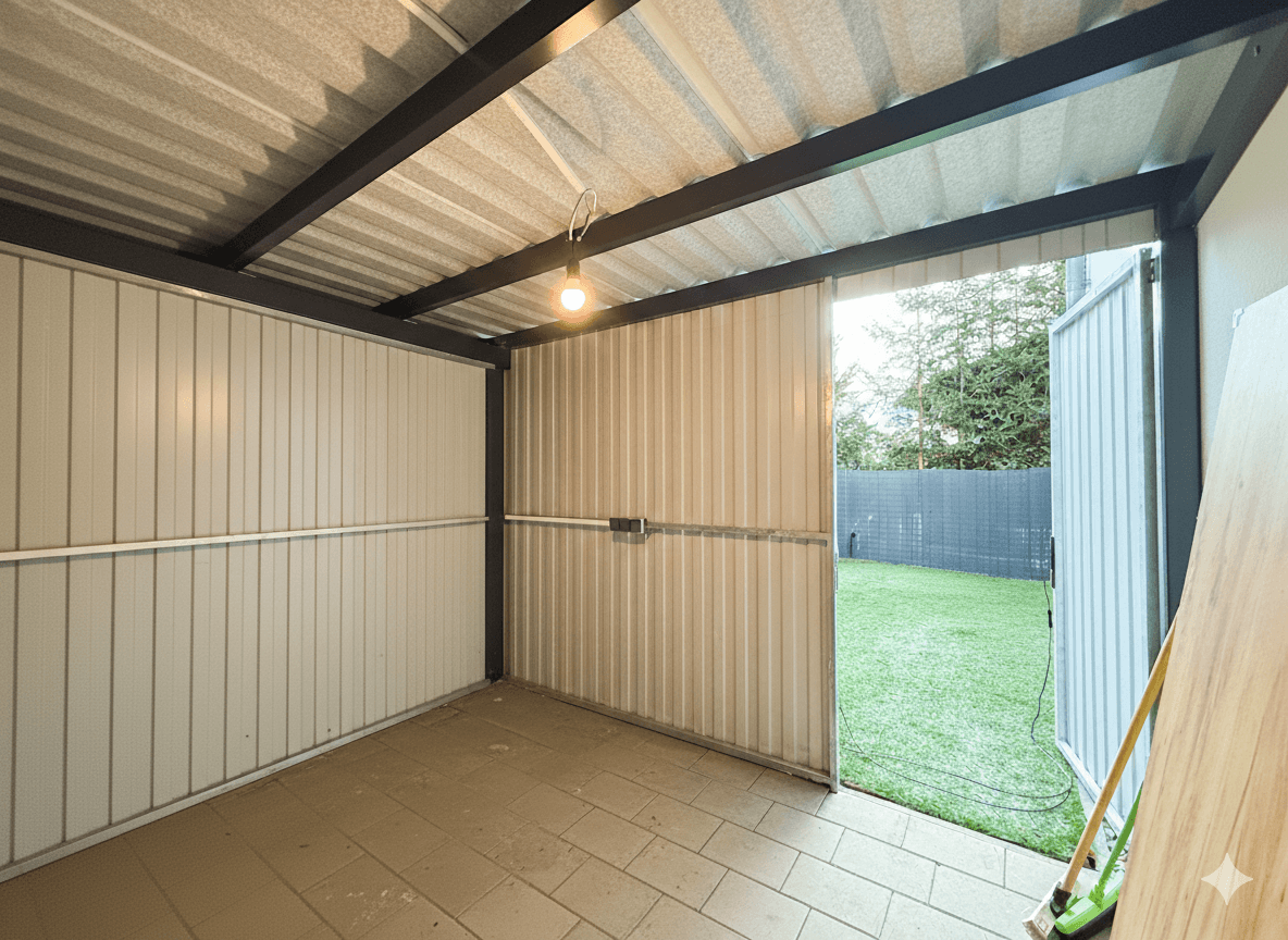 Praktischer Gartenschuppen mit Metallwänden und Zugang zum Gartenbereich.