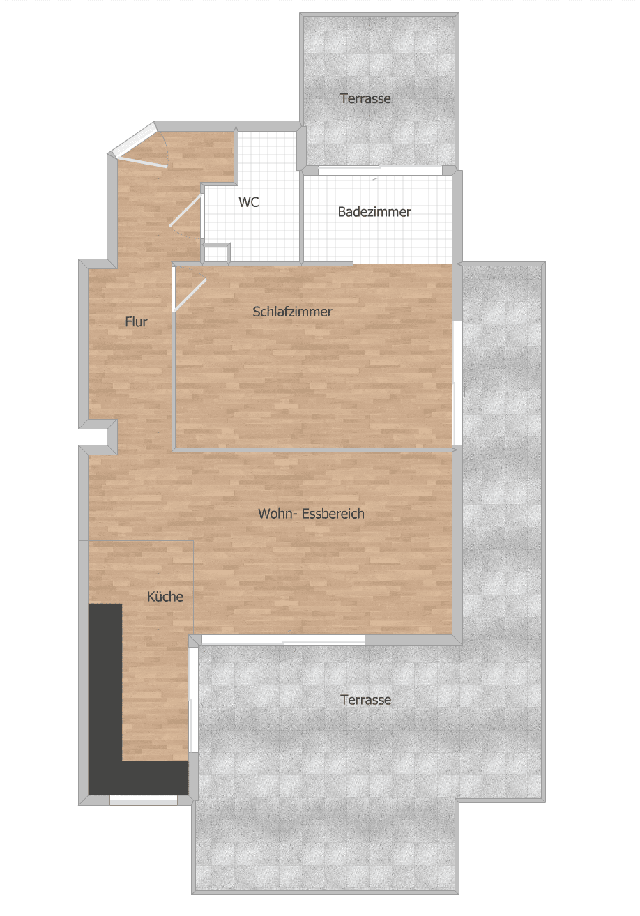 Grundriss einer Wohnung mit Küche, Wohn-Essbereich, Schlafzimmer, Bad, WC und zwei Terrassen.