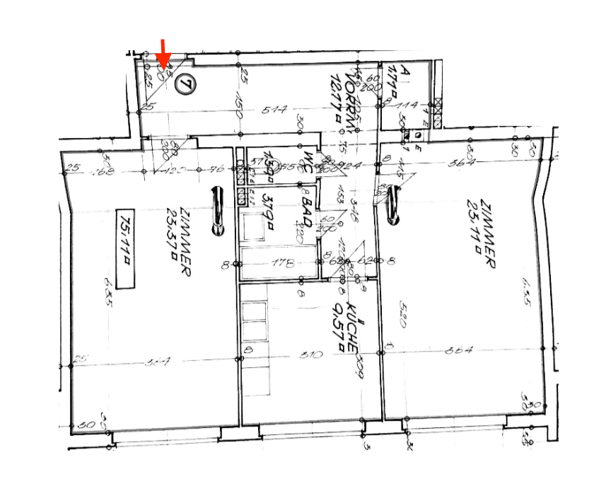 Detaillierter Grundriss einer Wohnung mit Zimmern, Küche, Bad und separatem WC.