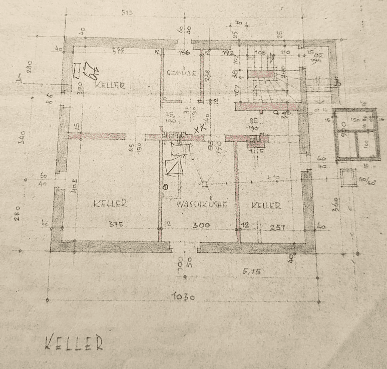 Grundriss des Kellers mit mehreren Kellerräumen und Waschküche.