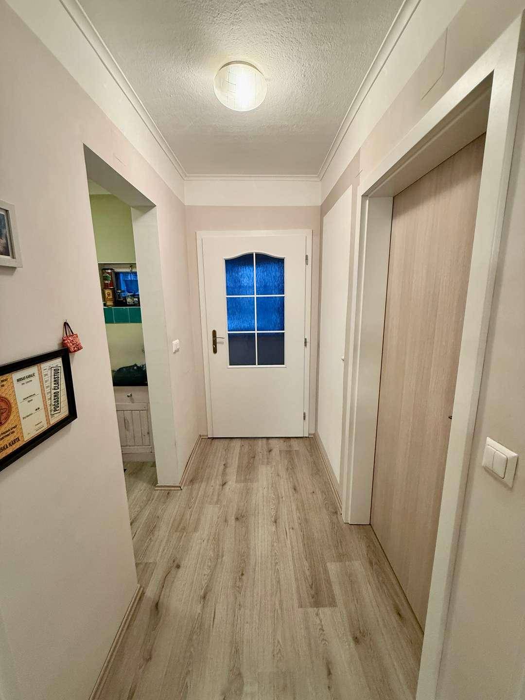 Heller Flur mit Laminatboden und weißer Eingangstür mit Glaseinsatz, die Tageslicht hereinlässt.