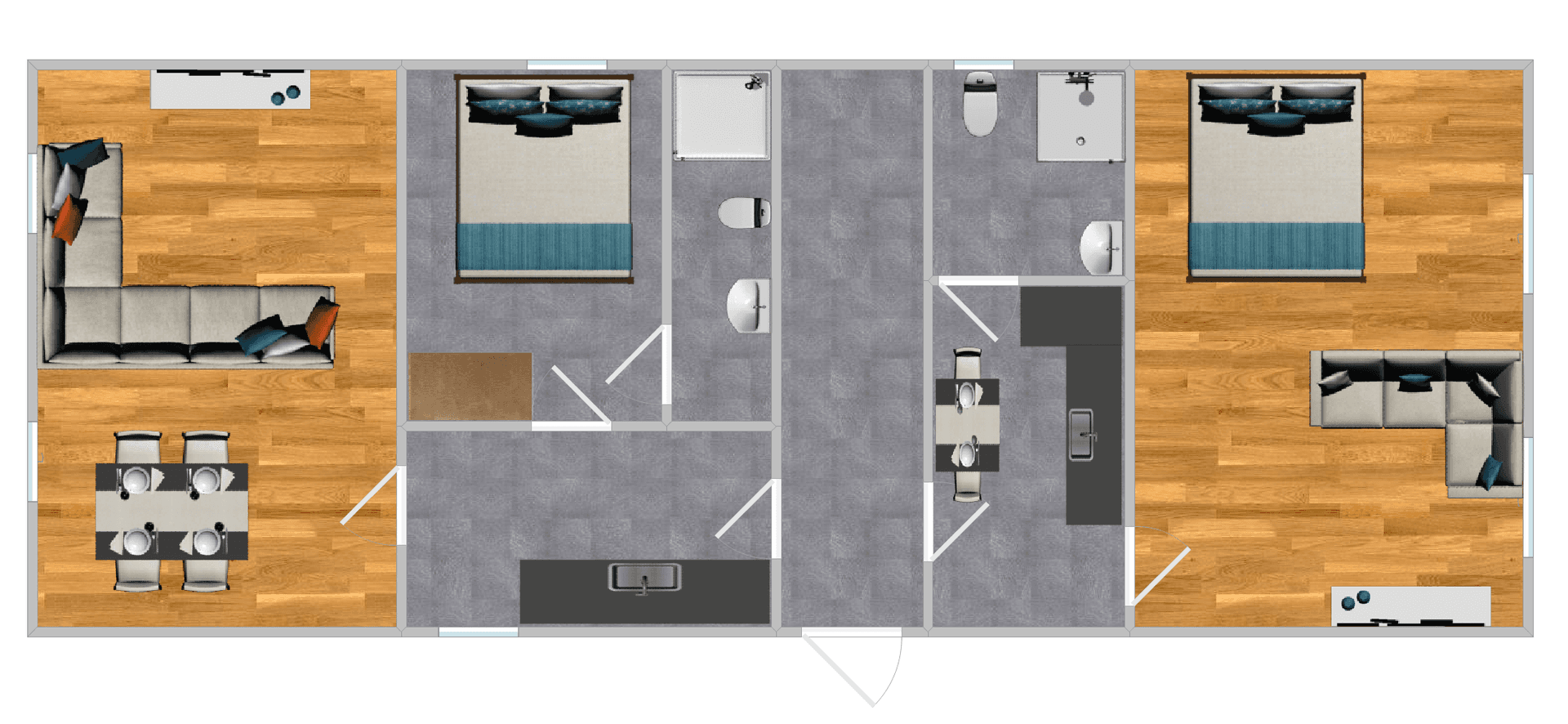 Detaillierter Grundriss mit mehreren Zimmern, Bädern, Küchen und Wohnbereichen.