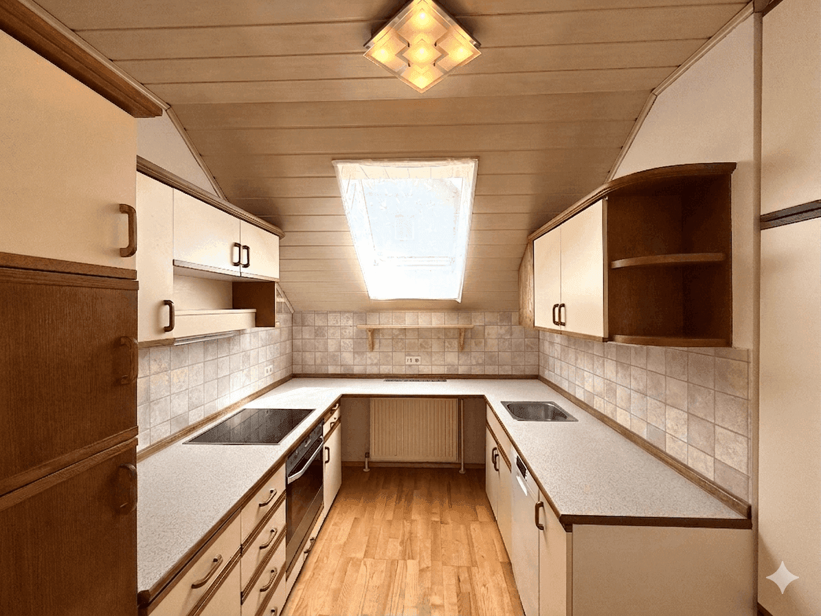 Funktionale Küche im Dachgeschoss mit U-förmiger Anordnung, Dachfenster und Holzdecke.