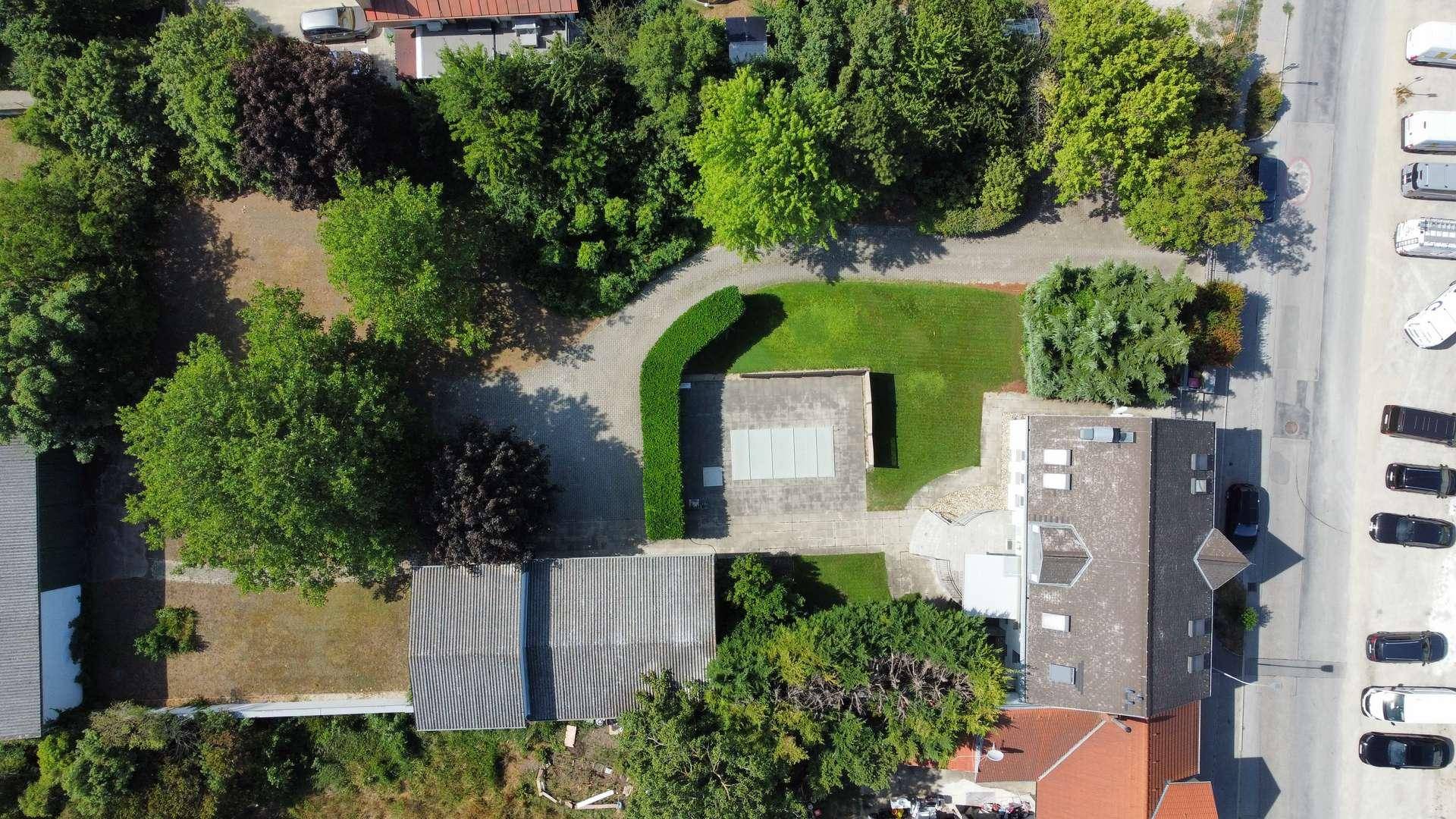 Draufsicht auf das Grundstück mit Zufahrt, Rasenflächen und altem Baumbestand.